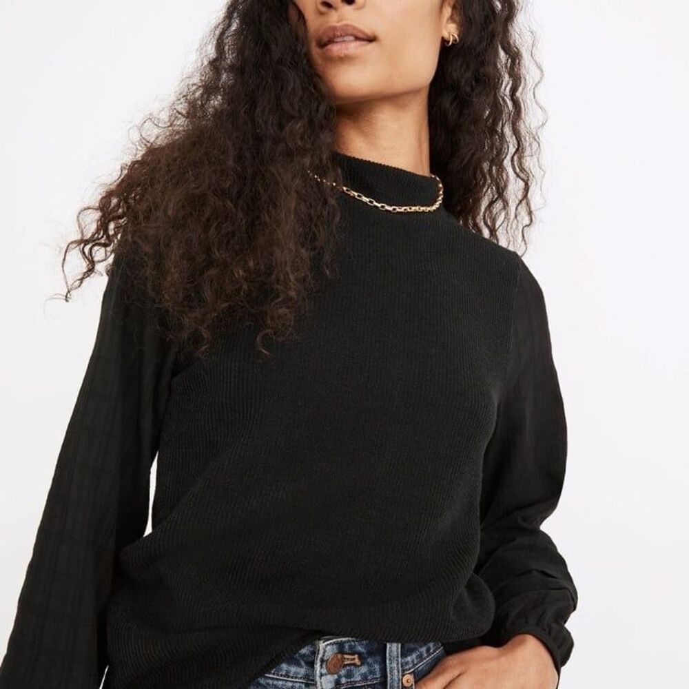 Madewell Women's Weavemix Mockneck Bubble Sleeve Top Black Small NWT